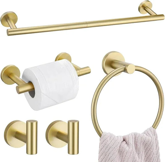 5 Pieces Brushed Gold Towel Bar Set, Upgraded Round Bathroom Hardware Accessories Set, Toilet Paper Holder Towel Holder Set for Bathroom Stainless Steel Wall Mounted 23.6Inch - ModernBath