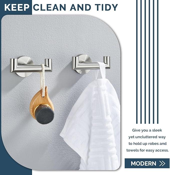 Angle Simple Towel Hook Brushed Nickel 2 PCS, SUS304 Stainless Steel Double Robe Hook, Bathroom Towel Holder, Wall Mount - ModernBath