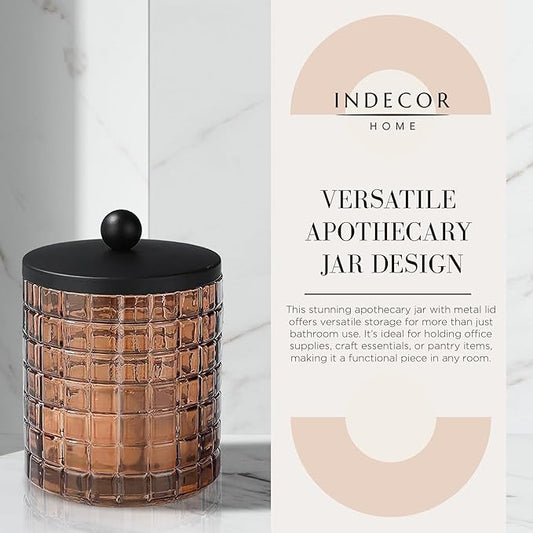 Indecor Home Amber Colored Tranlucent Apothecary Etched Geometric Grid Glass Jar W/Matte Black Metal Lid for Bathroom Organization, Cotton Balls, Q Tips, and Small Accessories, Bathroom Storage