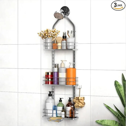 Shower Caddy Hanging (Silver), Adjustable Anti-Swing-Over The Shower Head Caddy, 3 Tier Height Bathroom Storage Organizer, Bathroom Shelves Basket Rack, Shower Caddies Rack with Adjustable Soap Basket - ModernBath