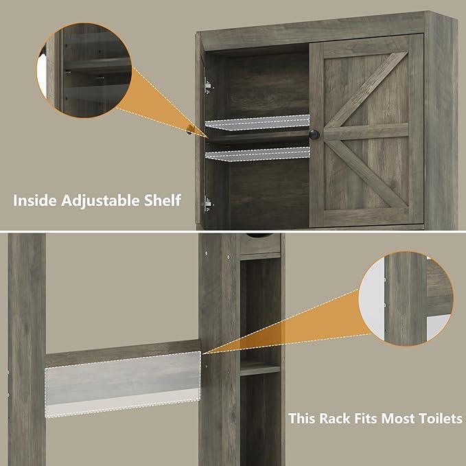 Furnideco 32.3''W Over The Toilet Storage Cabinet with Barn Doors, Over Toilet Shelf Farmhouse Storage Cabinet Space Saver with Toilet Paper Holder & Adjustable Bottom Bar, Gray - ModernBath