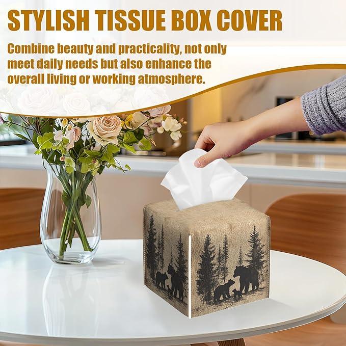 Bear Pine Tree Tissue Box Cover 2PCS, Leather Tissue Box Holder Square Facial Paper Case Tissue Box Cube Organizer for Bathroom Bedroom Desk Office - ModernBath