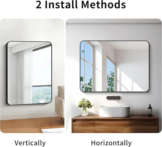 BONEWEI 30x40 inch Bathroom Mirror,Black Rectangle Mirror,Wall Mounted Bathroom Frame Vanity Mirror with Round Corner for Bedroom Living Room, Entryway Hangs Horizontal or Vertical - ModernBath