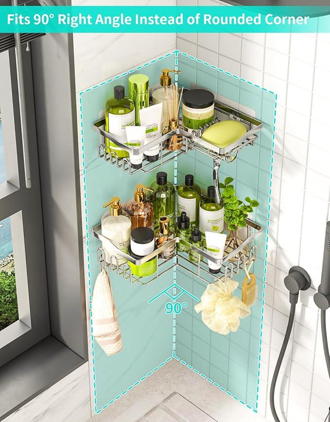 HapiRm Corner Shower Caddy with Shampoo Holder, Shower Organizer with 11 Hooks, No Drilling Rustproof Stainless Steel Bathroom Shelves - Silver (Only for 90 ° Right Angle) - ModernBath