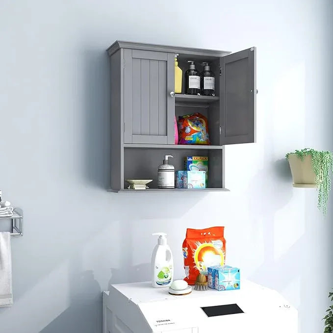 Tangkula Bathroom Wall Cabinet, Wooden Hanging Cabinet with Doors & Shelves, Multipurpose Storage Cabinet for Restroom Kitchen Living Room, Wall Mounted Bathroom Medicine Cabinet (Grey) - ModernBath