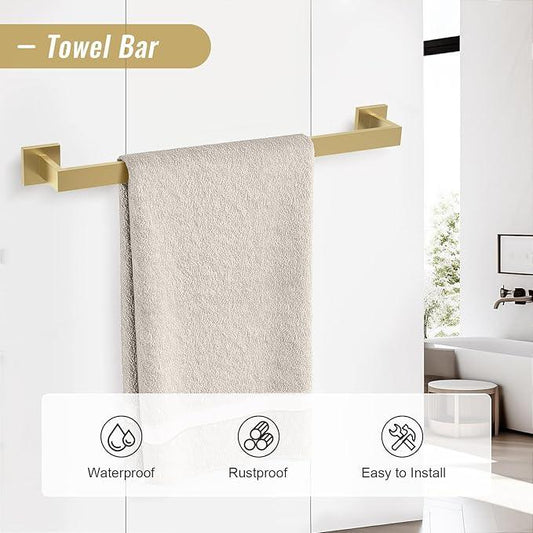 YACVCL Brushed Gold Bathroom Hardware Accessorie Set 23.6 Inch Towel Bar Set 5-Pieces Towel Rack&Holder Set for Bathroom,Upgraded Toilet Paper Holder with Shelf,Stainless Steel Wall-Mounted - ModernBath