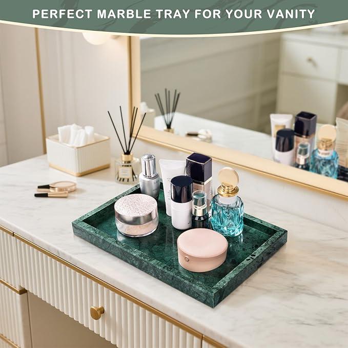 Homaura Marble Bathroom Tray for Countertop & Home Decor, Natural Decorative Marble Tray for Jewelry & Perfume Organizer, Luxury Stone Vanity Trays for Dresser, Kitchen Counter, 12" x 8", Green - ModernBath