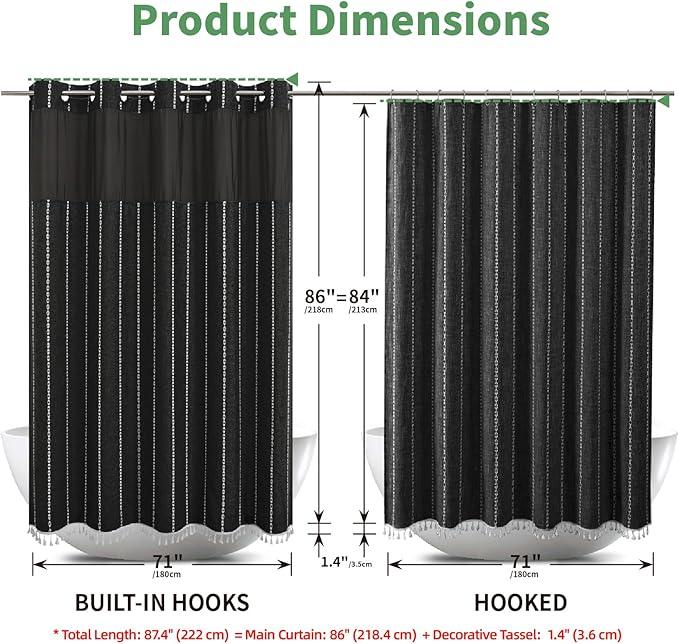 eachope No Hook Extra Long Shower Curtain Set with Snap-in Liner,Linen Textured Thick Striped Fabric with Tassels,Boho Chic Modern Farmhouse Bathroom Curtain,Water-Repellent,Black,71x86 - ModernBath
