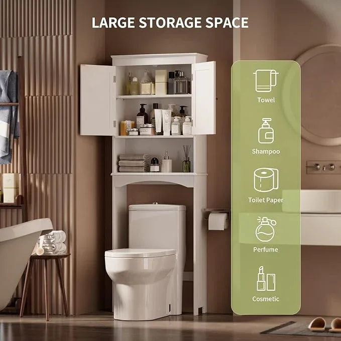 Gizoon Over The Toilet Storage Cabinet with Adjustable Shelf and Double Doors, Bathroom Space Saver Organizer Above Toilet with Open Shelf, Taller Wooden Free Standing Toilet Rack -White - ModernBath