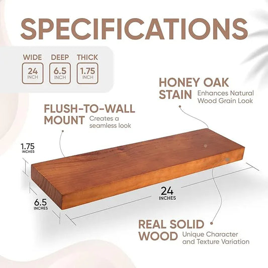 Homeforia 24inch Oak Floating Shelf for Wall, High End Solid Real Wood 24 inches Long Floating Shelves for Bathroom, Honey Oak Wooden Floating Shelves, Heavy Duty Bracket, 24 X 6.5 X 1.75 in, Set of 3 - ModernBath
