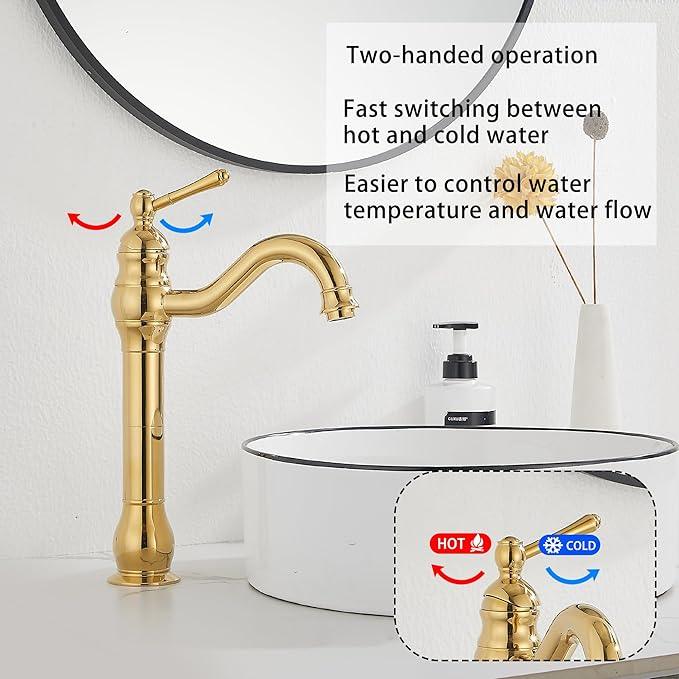 GGStudy 360 Swivel Single-Handle One Hole Bathroom Vessel Sink Faucet Matching Pop Up Drain Polished Gold Farmhouse Vanity Faucet - ModernBath
