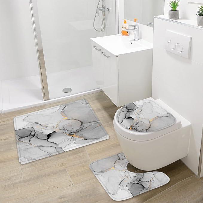 Gibelle 4 Pcs Bathroom Shower Curtain Set with Non-Slip Rugs, Toilet Lid Cover and Bath Mat, Grey Marble Bathroom Decor Set with Shower Curtain and Rugs and Accessories - ModernBath