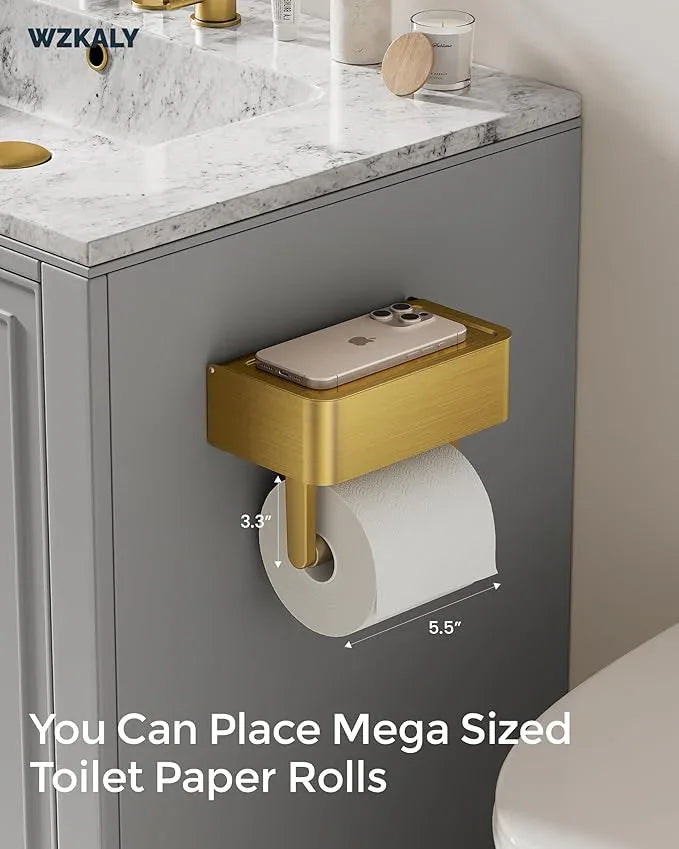 Toilet Paper Holder with Shelf, Wipes Holder for Bathroom, Flushable Wipes Dispenser, Stainless Steel Toilet Paper Roll Holder with Storage for Wet Wipes Wall Mounted (Gold, Regular Roll) - ModernBath