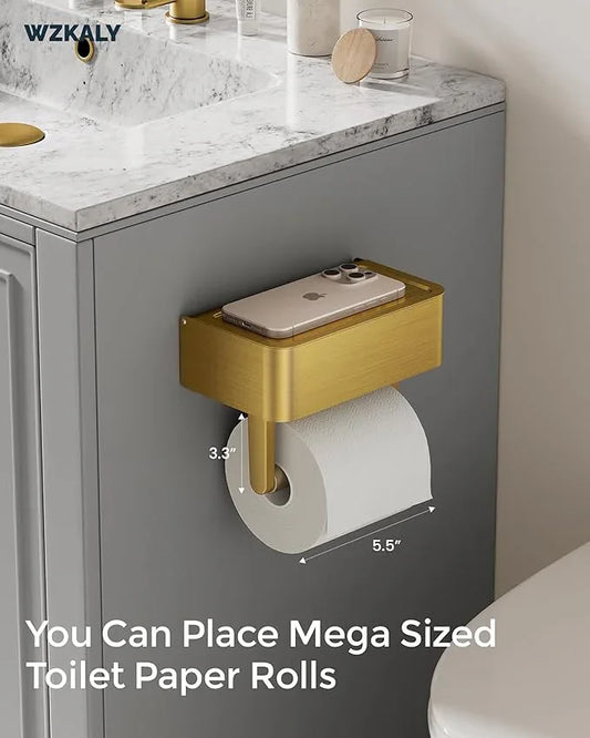 Toilet Paper Holder with Shelf, Wipes Holder for Bathroom, Flushable Wipes Dispenser, Stainless Steel Toilet Paper Roll Holder with Storage for Wet Wipes Wall Mounted (Gold, Regular Roll) - ModernBath