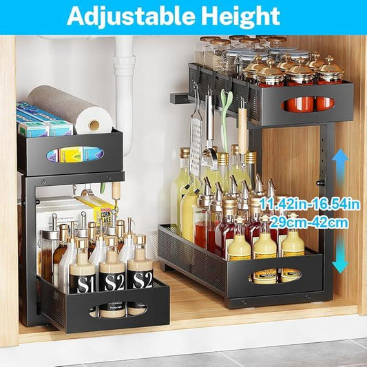 Under Sink Organizer, 2-Tier Pull Out Cabinet Organizer with Adjustable Height, Use in Kitchen Bathroom Cabinet and Countertop Storage, Black - ModernBath