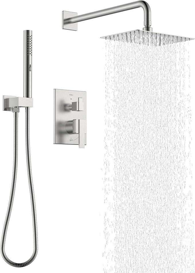 KENES Square Rainfall Shower System Faucet Set, Brushed Nickel Rain Shower Head and Handle Set, 10 Inch Stainless Shower Head with Handheld Spray (Shower Valve Included), LJ-6026A - ModernBath