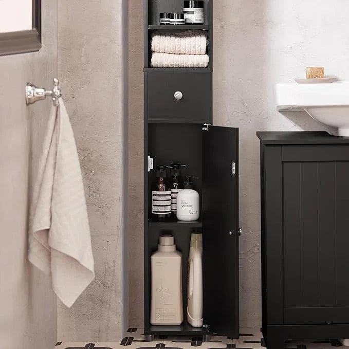 SoBuy Narrow Bathroom Storage Cabinet, Tall Slim Bathroom Organizers and Storage for Small Spaces, Freestanding Skinny Cabinet with Doors and Shelves for Tight Corners, Black BZR34-SCH - ModernBath