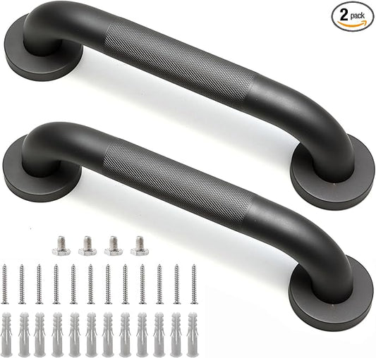 Rackickyer Shower Grab Bar, 2 Pack 12 Inch Gray Bathroom Grab Bar, 1.25" Diameter 304 Stainless Steel Anti-Slip Grab Bars for Bathtubs and Showers, Handicap Shower Grab Bar for Seniors Elderly