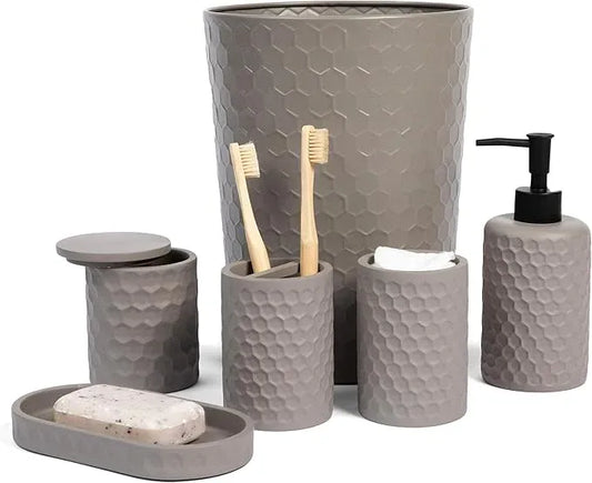 zccz 6 Piece Bathroom Accessories Set, Toothbrush Holder, Toothbrush Cup, Soap Dispenser,Bathroom Vanity Tray, Qtip Holder, Trash Can - Cement - ModernBath