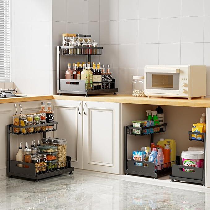 Under Sink Organizer Storage 2-Tier Premium Metal Pull-Out Racks, Height Adjustable, Heavy Dut and Easy Installation for Kitchen & Bathroom Organizers 1 Pack Black - ModernBath