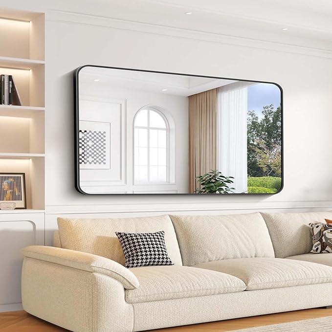 CIVENO Bathroom Mirror, 30"x55" Black Rectangle Wall Mirror, Metal Frame Rounded Corner Vanity Mirror, Large Wall Mounted Mirror for Modern Bedroom Living Room Horizontal Or Vertical Mounting - ModernBath