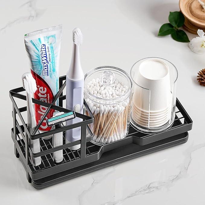 MYITYARD Toothbrush Holders for Bathrooms, Cotton Swabs & Cups Dispenser Set - Metal Electric Tooth Brushing & Toothpaste Countertop Organizer with Drainage for Shower, Sink - Black - ModernBath