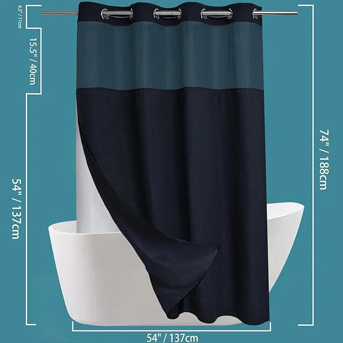 Conbo Mio Stall No Hook Waffle Weave Shower Curtain with Snap in Liner Set, Hotel Luxury Black Shower Curtains for Bathroom with See Through Top Window, Waterproof, Washable 54W x 74H - ModernBath