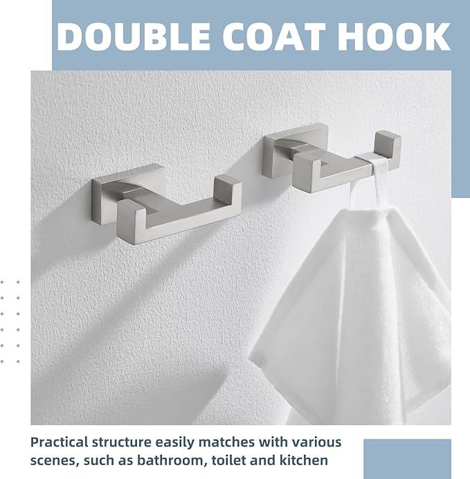 APLusee Double Bath Towel Hook 2 Pack, 304 Stainless Steel Square Dual Coat Holder, Modern Bathroom Kitchen Storage Hanger Wall Mounted, Brushed Nickel - ModernBath