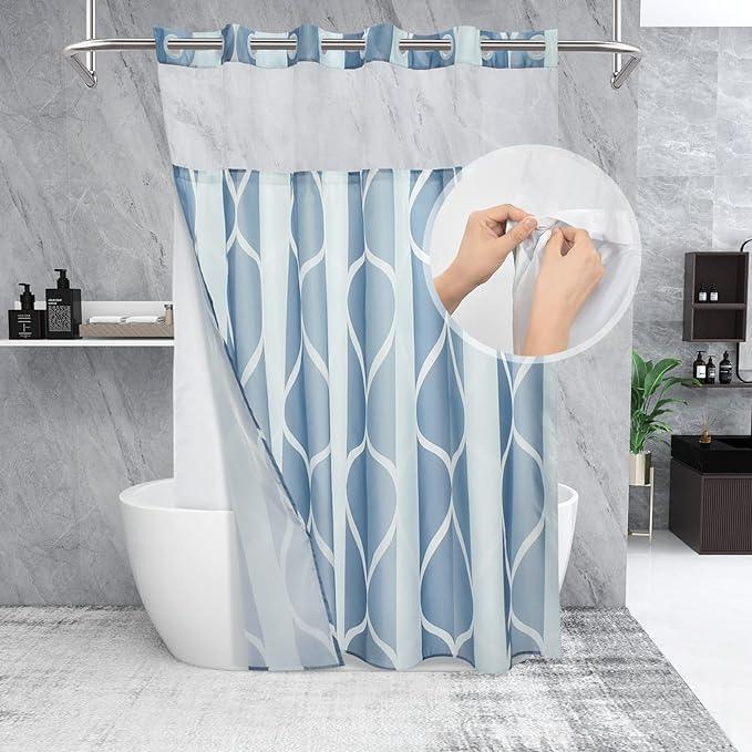 Yiatn No Hook Dark Blue Double Shower Curtain with Snap in Fabric Liner Set - Hotel Style with See Through Mesh Top Window, Modern Geometric Waterdrop Design,Waterproof and Washable, 71x74 INCH - ModernBath