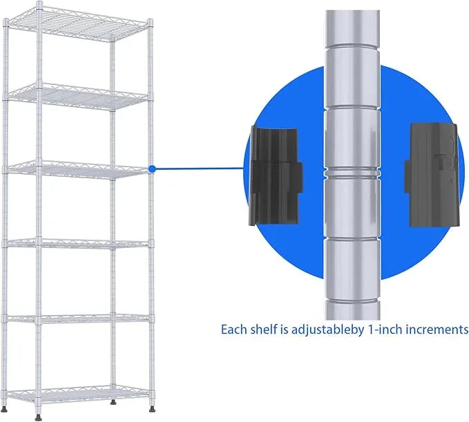 REGILLER 6 Wire Shelving Steel Storage Rack Adjustable Unit Shelves for Laundry Bathroom Kitchen Pantry Closet(Silver,11.7" D x 21.4" W x 63" H) - ModernBath