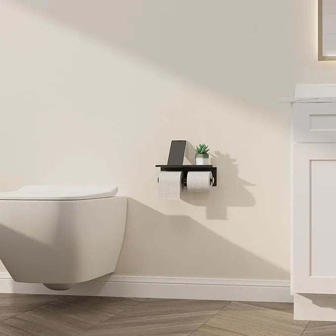 Black Toilet Paper Roll Holder with Shelf Wall Mounted for Bathroom (Black, Double Head) - ModernBath
