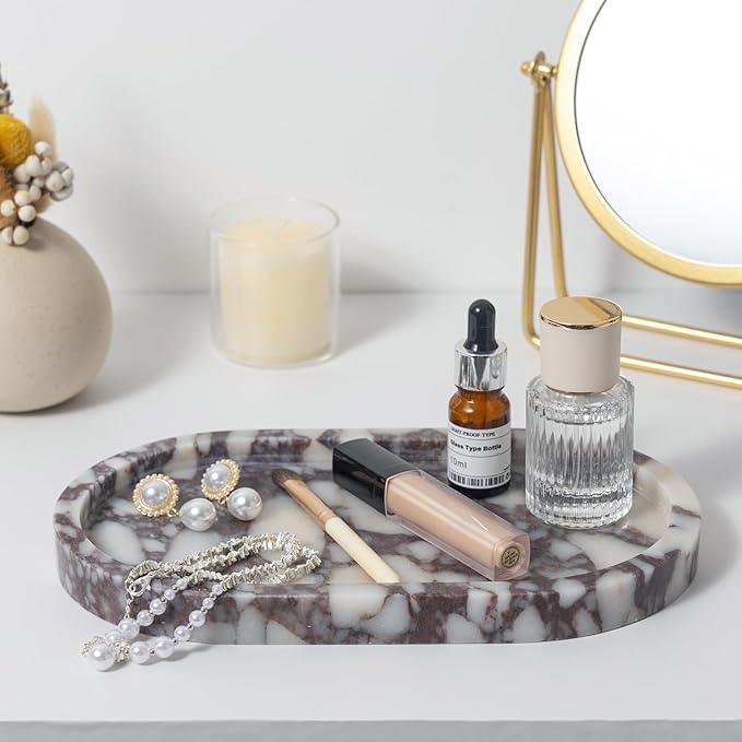 Natural Calacatta Viola Marble Tray 10"x6" - Non-Resin Bathroom Vanity Organizer & Kitchen Decor | Waterproof Oval Stone Serving Dish (Purple Portoro) - ModernBath
