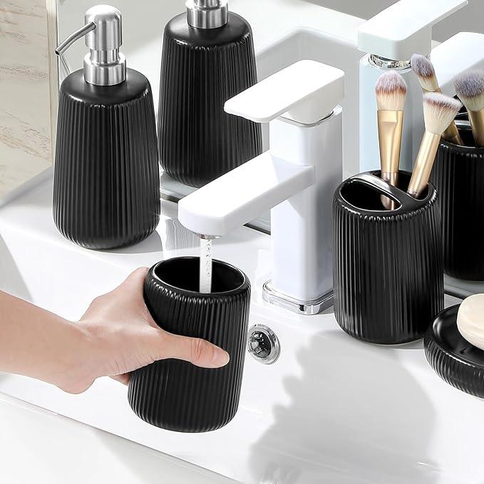 vancasso Ceramic Bathroom Accessories Set 4 Piece, Soap Dispenser with Stainless Steel Pump, Toothbrush Holder, Tumbler and Soap Dish, Modern Relief Design, Bathroom Decor Organizer, Black - ModernBath