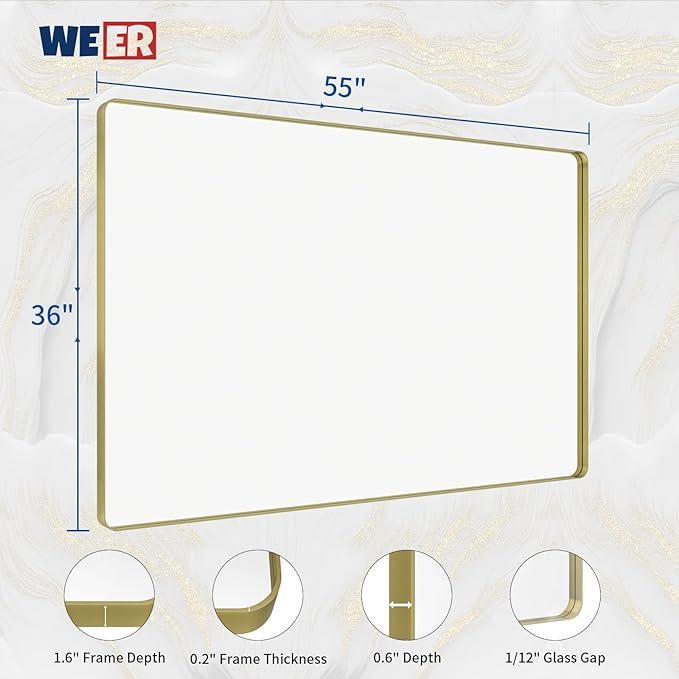 WEER Gold Bathroom Mirror, 55X36 Inch Brushed Gold Metal Frame Mirror, Rounded Rectangle Gold Bathroom Vanity Mirror for Wall, Tempered Glass, Anti-Rust, Hangs Horizontally or Vertically - ModernBath