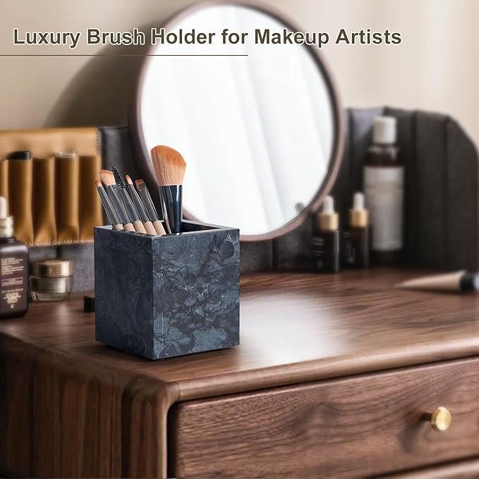 Real Natural Travertine Marble Toothbrush Holder & Pen Holder & Makeup Brush Holder & Utensil Holder, Genuine Stone Rectangular Bathroom Tumbler Cup, Durable Office & Home Countertop Organizer - ModernBath