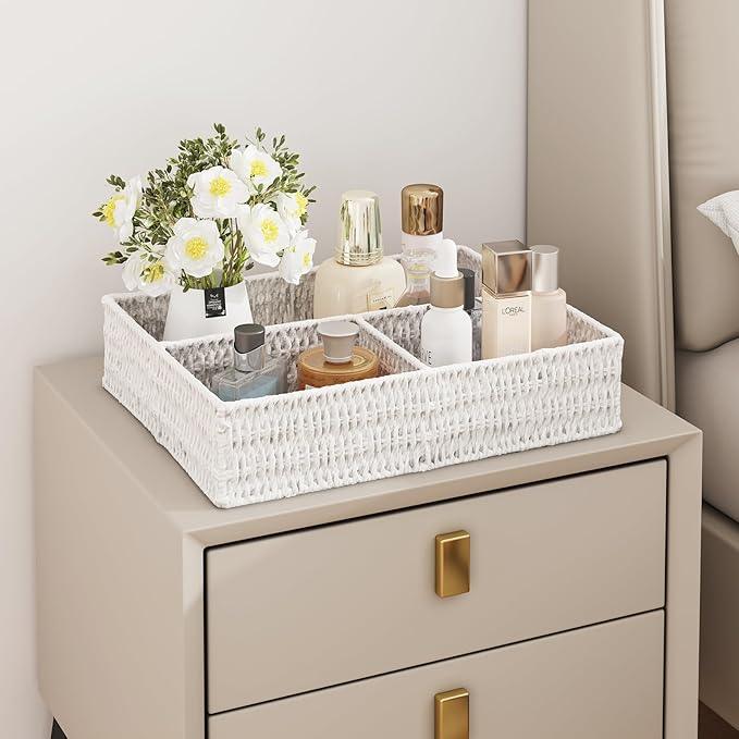 Vagusicc Wicker Divided Storage Basket, White Wicker Baskets, Basket for Shelves Drawer Organizing, 3 Section Rectangular Woven Storage Baskets, 2-Pack - ModernBath
