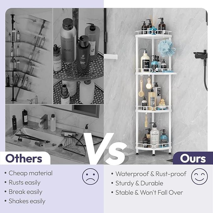 SWTYMIKI Corner Shower Caddy Standing - 4 Tier Stainless Steel Shower Organizer Stand with 4 Hooks & Soap Holder, Rustproof Metal Standing Tall Floor Shower Shelf and Bathroom Organizer, White - ModernBath