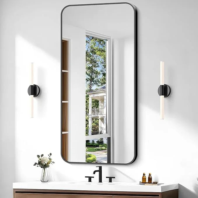 CIVENO Bathroom Mirror, 48 x 24 inch Black Rectangle Wall Mirror, Metal Framed Rectangular Vanity Mirror, Rounded Corner Wall Mounted Mirror for Modern Bedroom Living Room Horizontal/Vertical - ModernBath