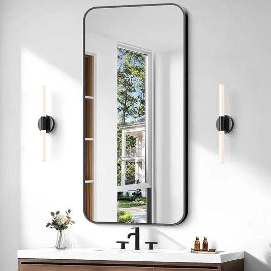 CIVENO Bathroom Mirror, 48 x 24 inch Black Rectangle Wall Mirror, Metal Framed Rectangular Vanity Mirror, Rounded Corner Wall Mounted Mirror for Modern Bedroom Living Room Horizontal/Vertical - ModernBath