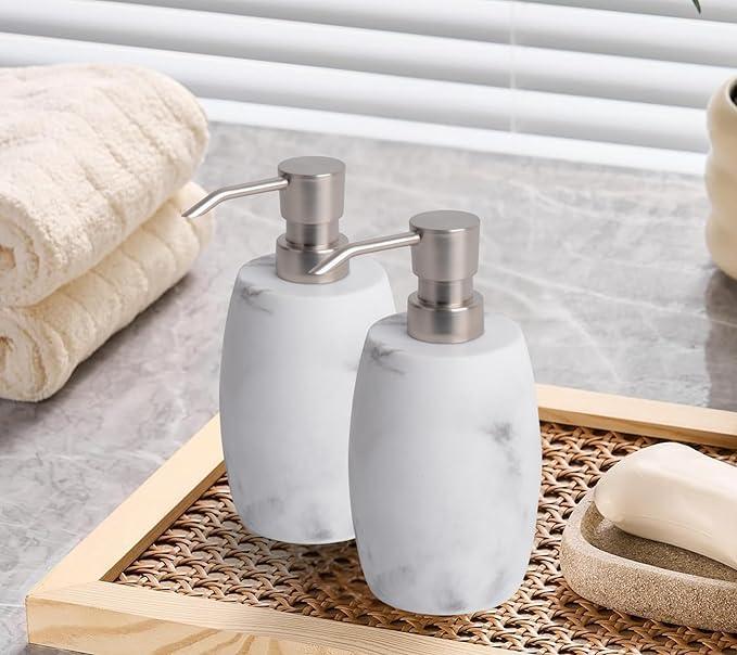 Clasin Home Resin Soap Dispenser Set 2, Refillable Hand Soap Dispenser with White Marble Look and Metallic Pump, Kitchen, Bathroom, Waterproof Labels (12 Oz) - ModernBath