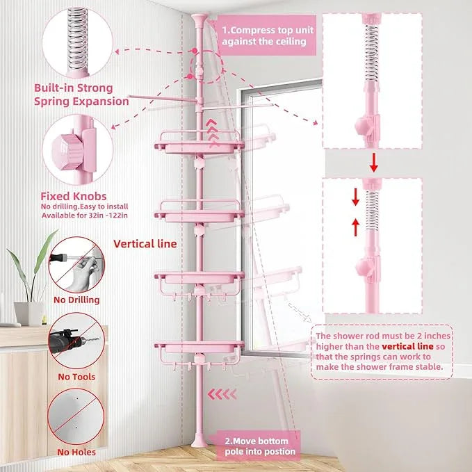 32-122inch Corner Shower Caddy Tension Pole Pink, Rustproof Drill-Free Shower Shelves for Bathroom Bathtub Washbasin, Adjustable Shower Organizer with 4 Tier Patent Stable Shelves & Towel Bars - ModernBath