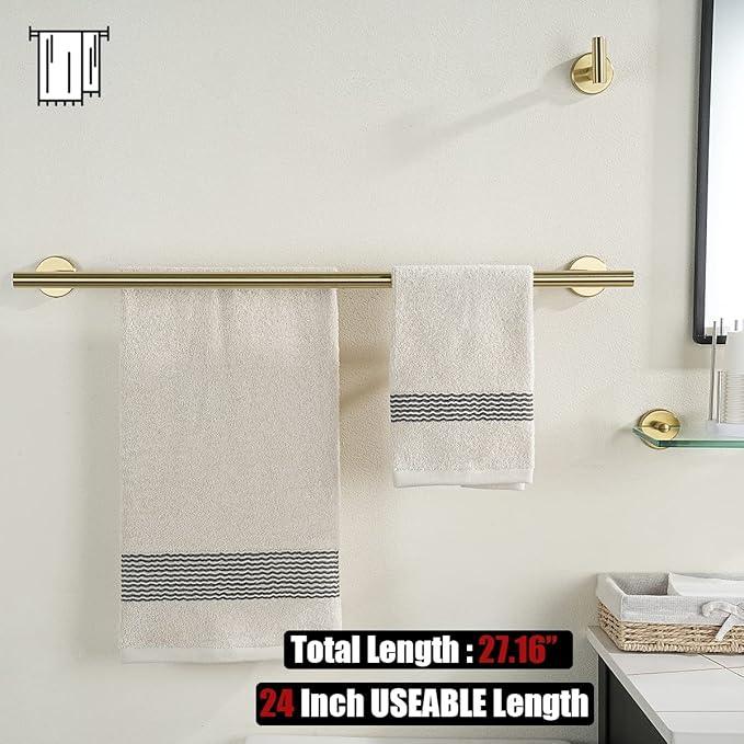 JQK Double Towel Bar 27 Inch, Brass Gold Useable Length 24 Inch 304 Stainless Steel Thicken 0.8mm Bath Towel Rack for Bathroom, Towel Holder Wall Mount 2 Pack, TB100L24-BG-P2 - ModernBath