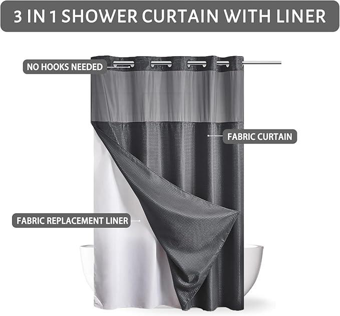 Furlinic Stall Size No Hook Shower Curtain with Snap in Liner,Waffle Weave Heavy Duty Fabric Bathroom Curtains with See Through Top Window,Waterproof & Machine Washable,Dark Grey,48x72 Inch - ModernBath