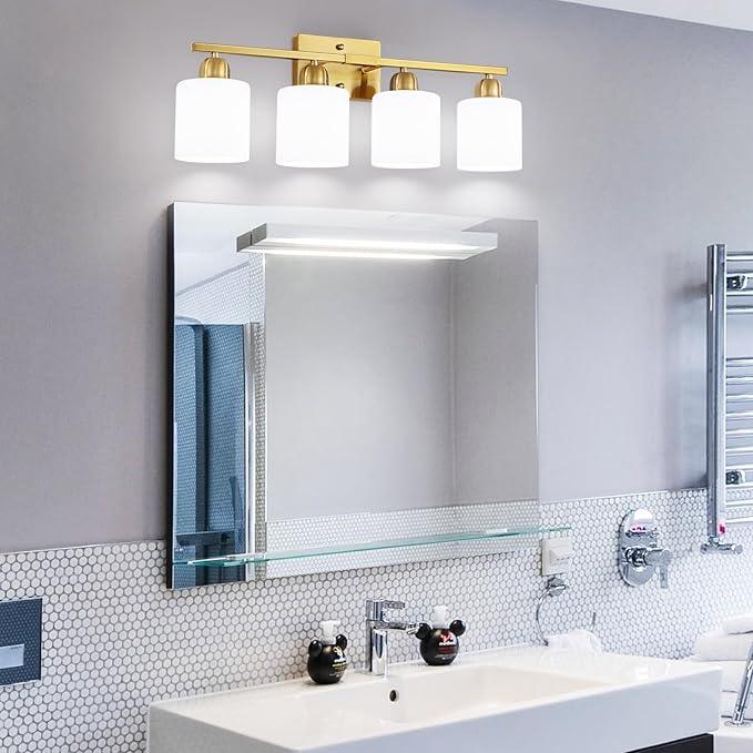 4 Light Gold Light Fixture Bathroom, Brushed Gold Vanity Light with Milky White Frosted Glass Shades, Lights for Bathroom Mirror for Living Room Bedroom Hallway E26 Base - ModernBath