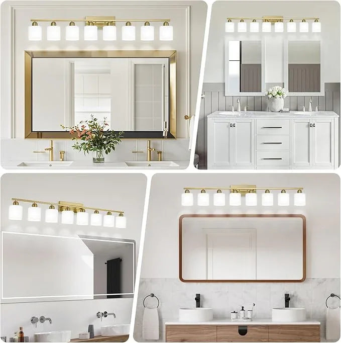 8 Light Bathroom Light Fixtures Gold for Big Mirror, Brushed Gold Vanity Lights for Bathroom with Milky White Frosted Glass Shades, 51 inch Wall Sconce for Mirrors Living Room Bedroom - ModernBath