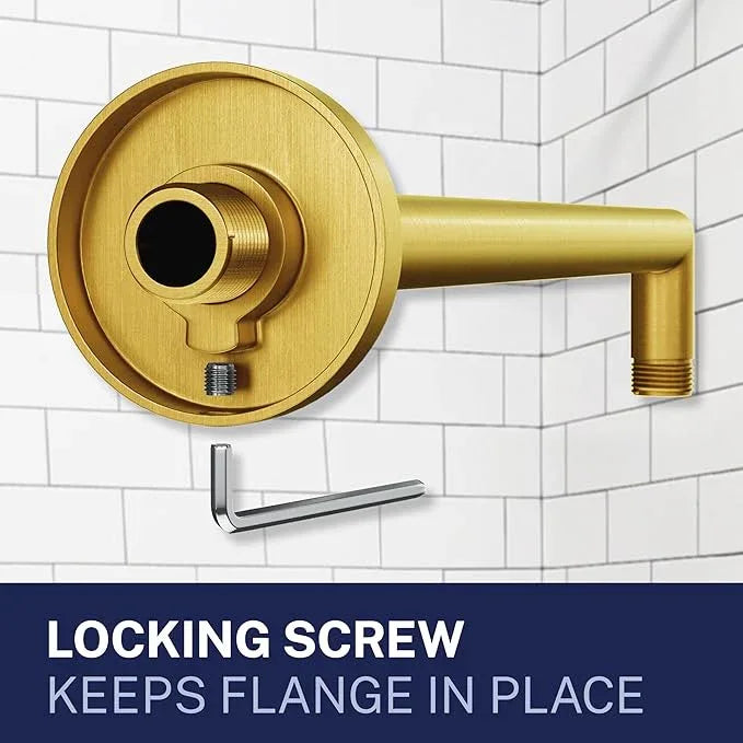 HammerHead Showers® Solid Metal 16 Inch Extended Shower Arm and Flange with Set Screw, Long Shower Arm, Extends Rain Shower Overhead, Wall-Mounted Rain Shower Arm, Brushed Gold - ModernBath