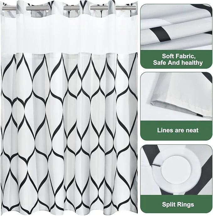 Yiatn No Hook Needed White Shower Curtain with Snap in Fabric Liner Set - Hotel Style with See Through Mesh Top Window, Modern Geometric Waterdrop Design,Water-Repellent & Washable, 71x74 INCH - ModernBath
