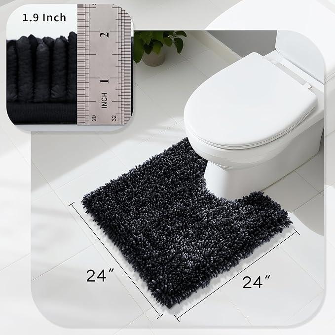 Yimobra Toilet Rugs U Shaped Washable, Extra Thick Soft Absorbent Chenille Contour Bathroom Rugs for Toilet 24x24 Inch, Quick Dry Non Slip Toilet Mat for Bath Floor, Black - ModernBath
