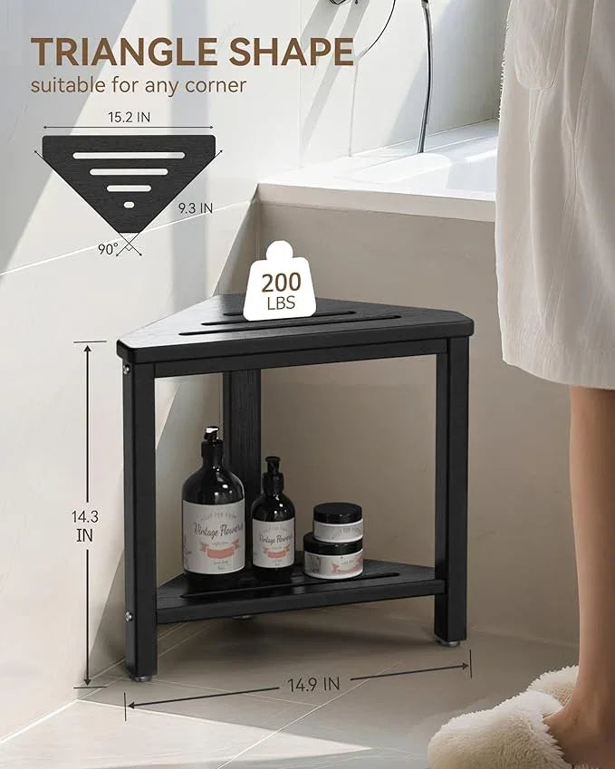 Shower Foot Rest 15in, HDPE Waterproof Shower Stool for Inside Shower, Corner Shower Stool for Shaving Legs with Storage Shelf for Small Space, Shower Step Stool, Plastic Corner Shower Bench, Black - ModernBath
