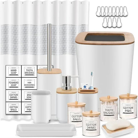 Bathroom Accessories Set,White Bathroom Set,24 Pieces Bathroom Accessory Set with Shower Curtain,Trash Can for Bathroom Accessories Décor and Home Gifts - ModernBath